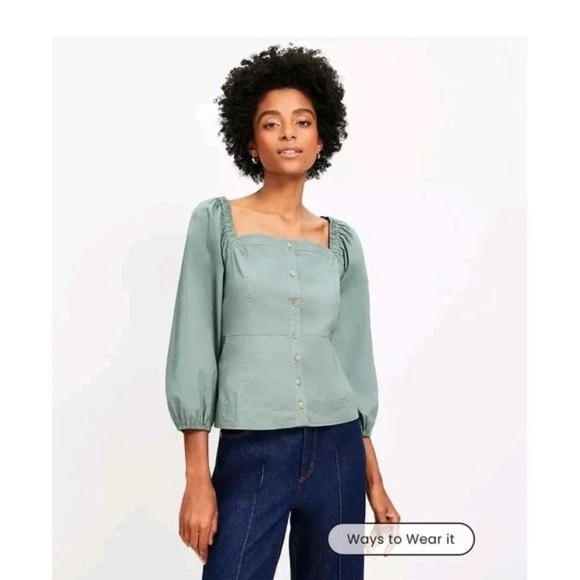 NWT LOFT Ann Taylor Green Square Neck Cotton Button Down Blouse - Picture 1 of 7